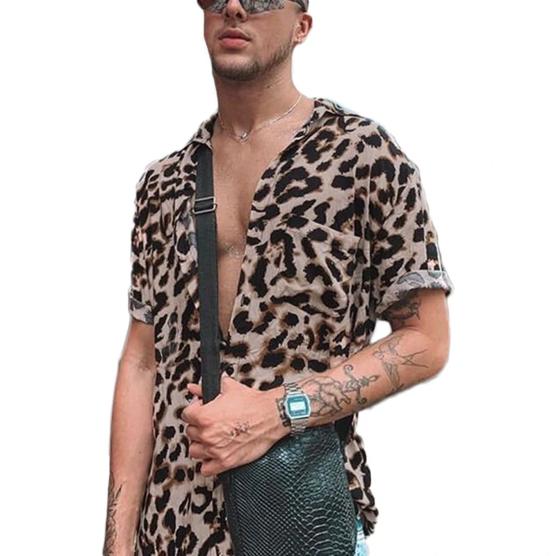 (image for) OUTDOOR Summer Leopard Print Shirts Fashion Men Short Sleeve Lapel Shirt Casual Floral Blouse Men Hawaiian Beach Tops